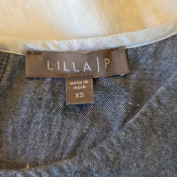 Lilla P Womens XS Blue White Dash Print Cotton Maxi Dress Fringe Hem Button Back - Picture 6 of 12